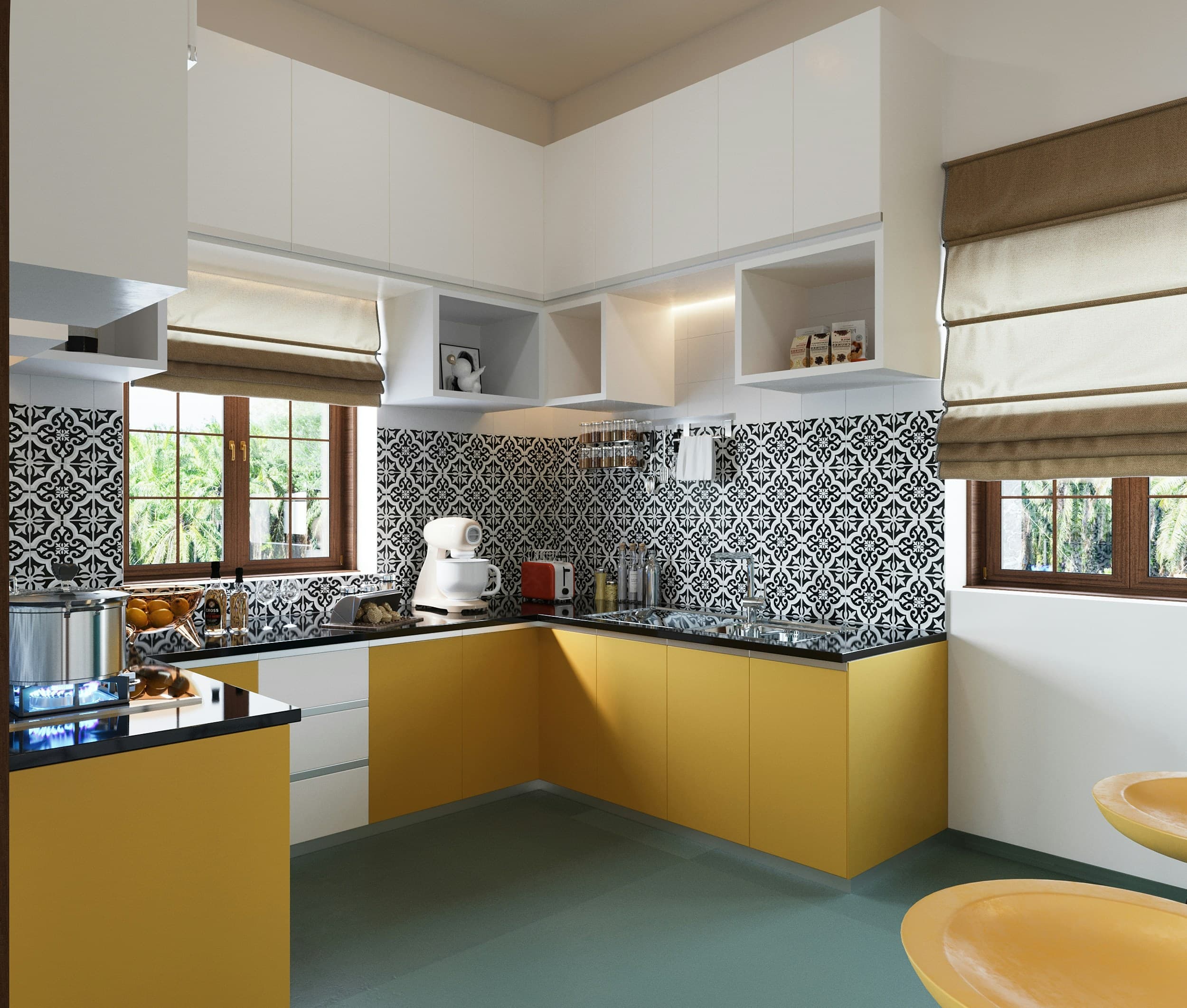 Modern L-Shaped Kitchen with Green Cabinets