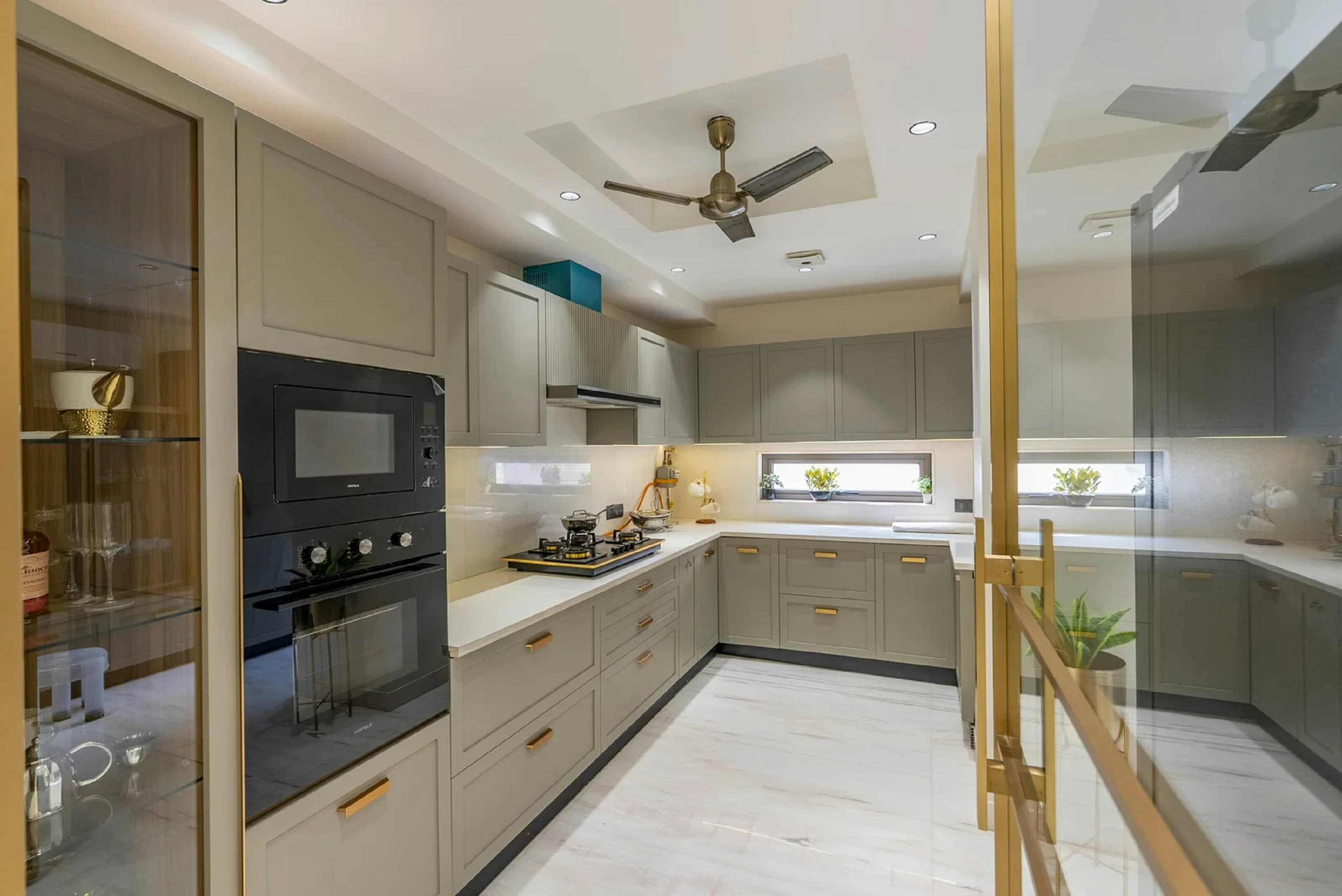 Modern White Kitchen with Glass Partition